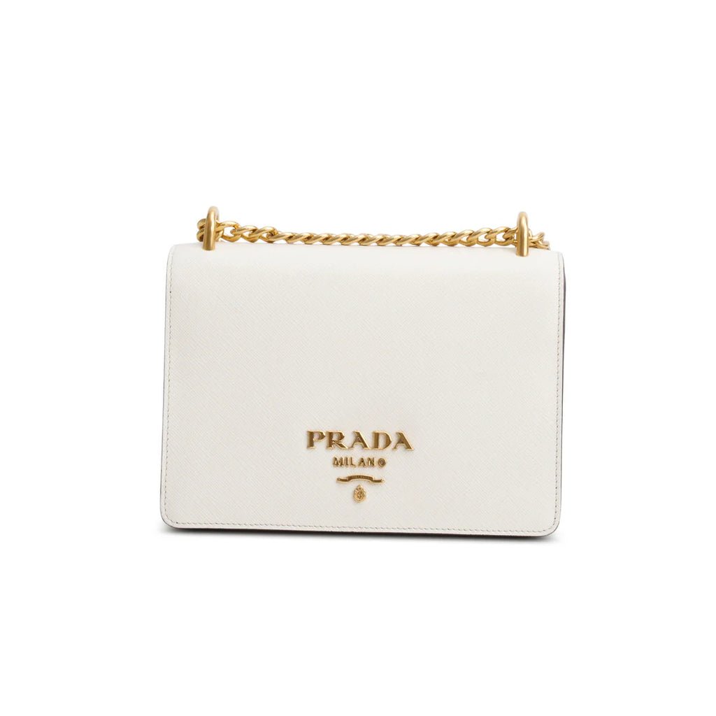 White/Black Saffiano Lux Chain Shoulder Bag