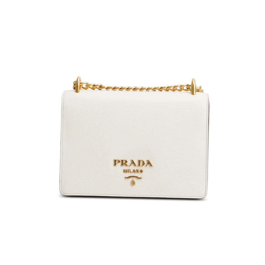 White/Black Saffiano Lux Chain Shoulder Bag