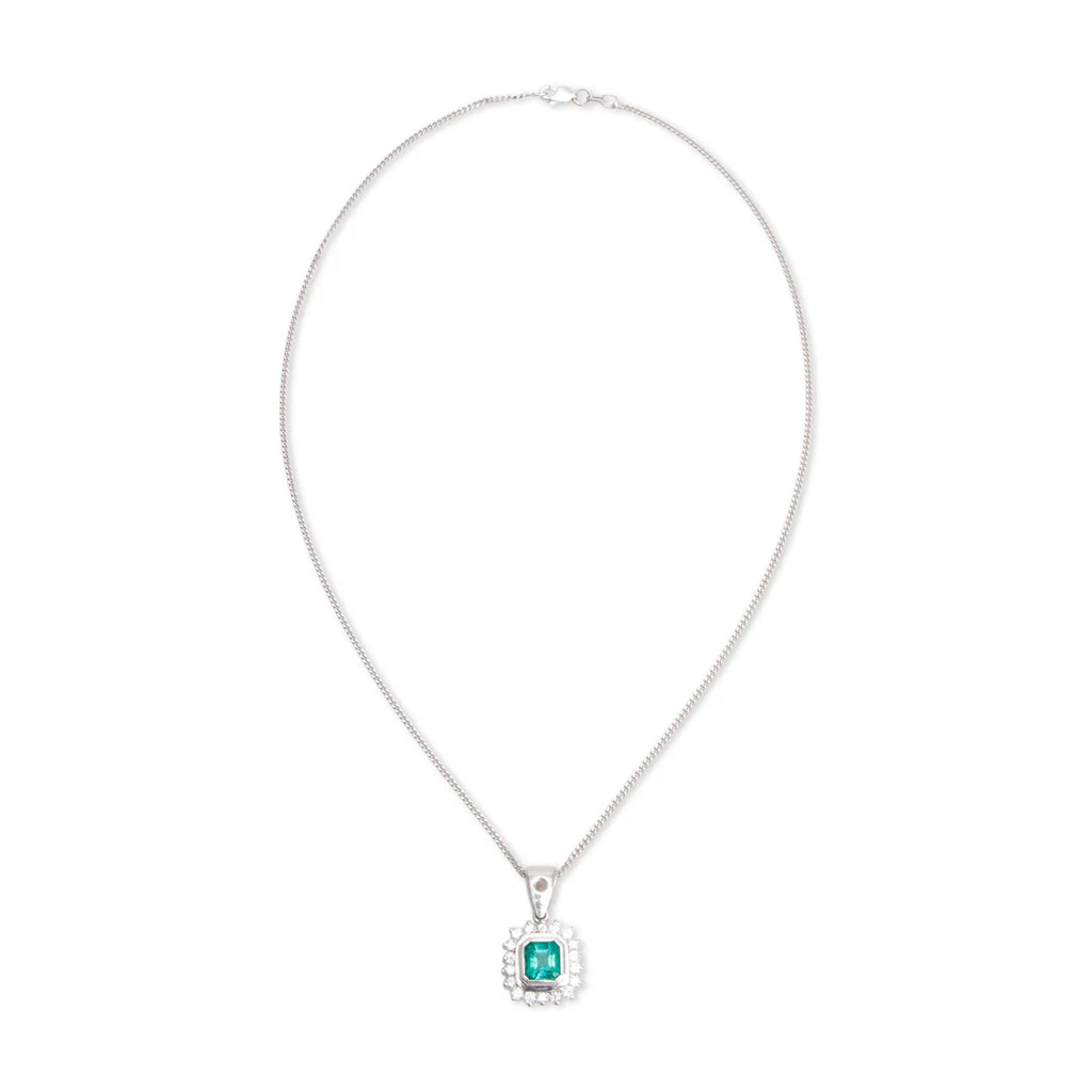 14k White Gold Emerald &amp; Diamond Pendant Necklace