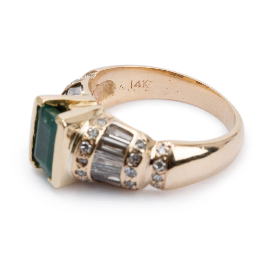 14k Yellow Gold Emerald &amp; Diamond Cocktail Ring, Size 5.25