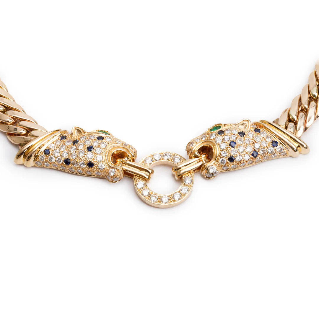 14k Yellow Gold Emerald, Sapphire &amp; Diamond Panther Necklace Coeur Cult Core