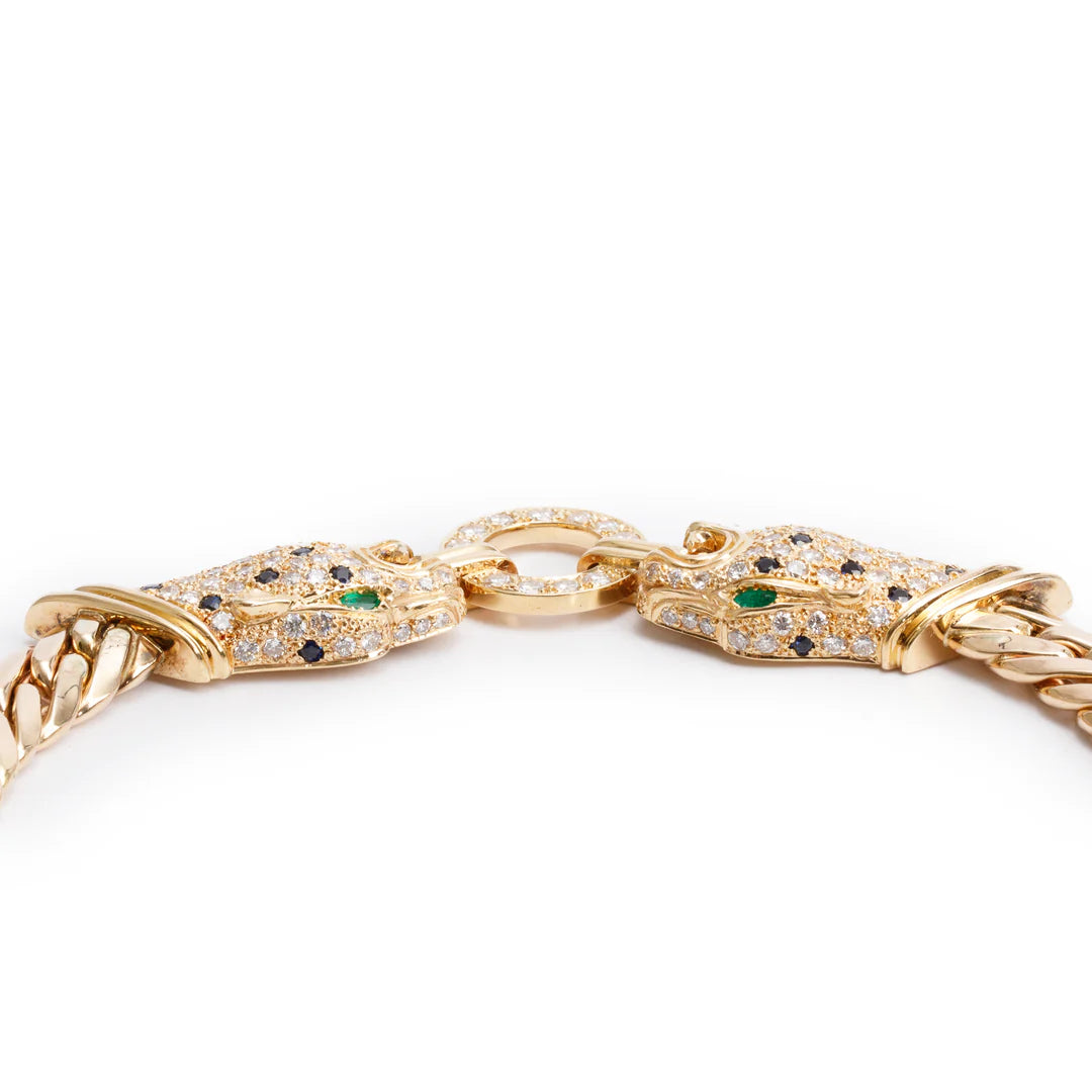 14k Yellow Gold Emerald, Sapphire &amp; Diamond Panther Necklace Coeur Cult Core