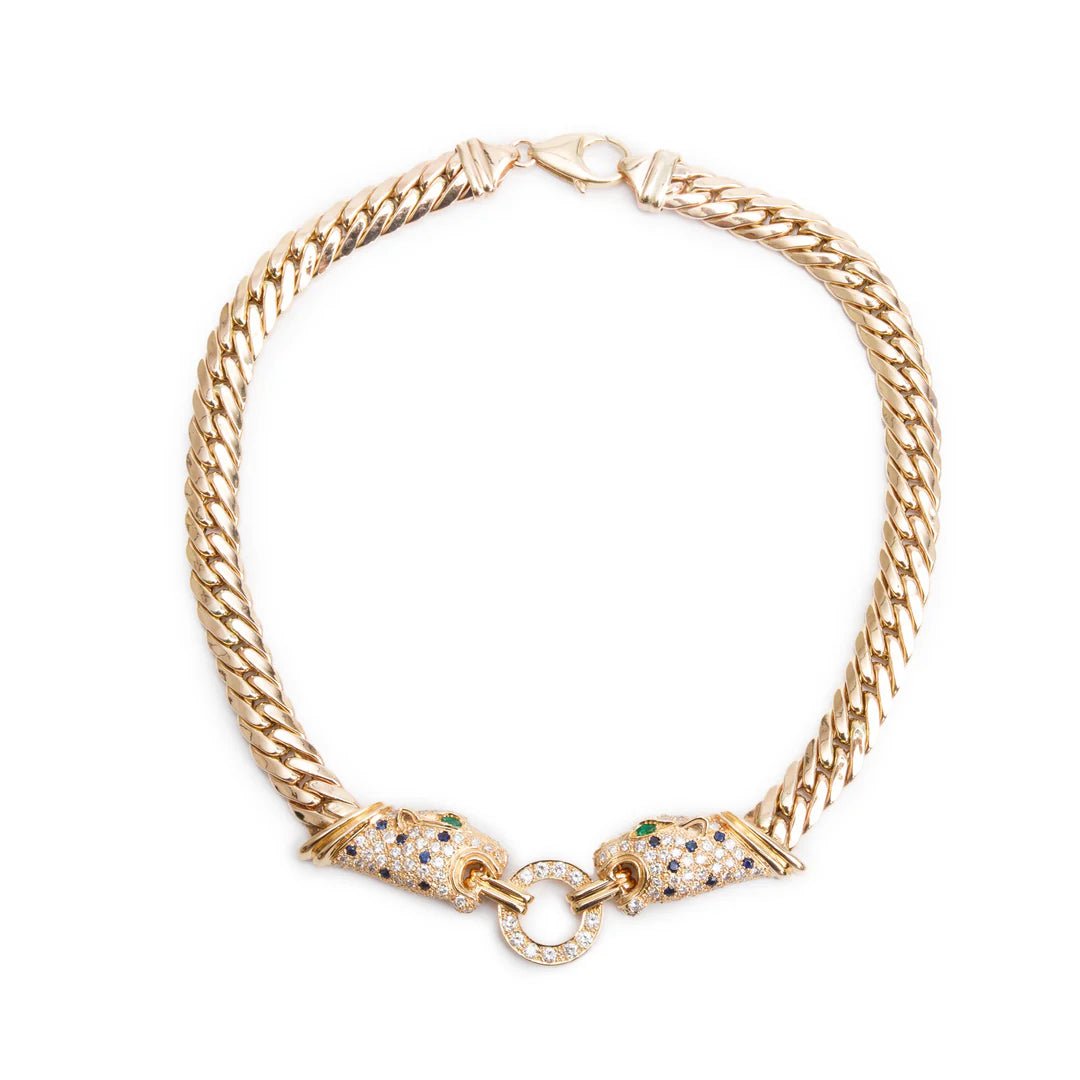 14k Yellow Gold Emerald, Sapphire &amp; Diamond Panther Necklace Coeur Cult Core