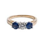 14k Yellow and White Gold Blue Sapphire &amp; Diamond Three Stone Ring, Size 6.75