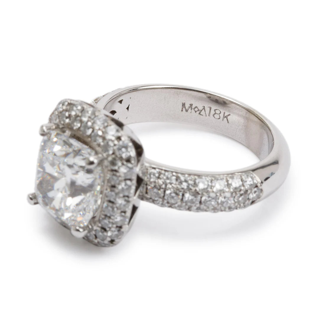 18k White Gold 3.01 ct. Cushion Cut Diamond Engagement Ring, Size 5.25 w/ GIA Diamond Certificate