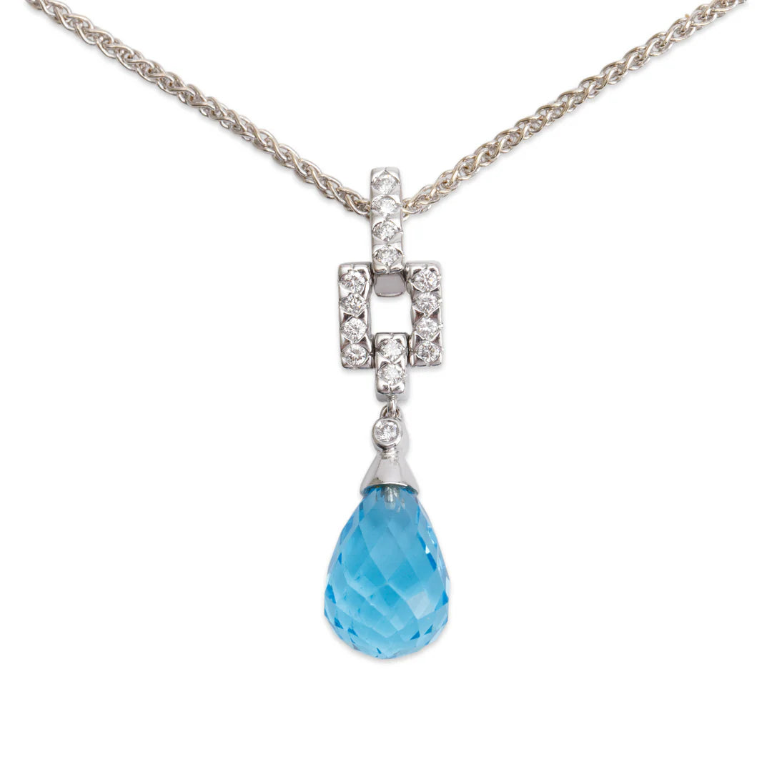 18k White Gold Blue Topaz &amp; Diamond Pendant Necklace