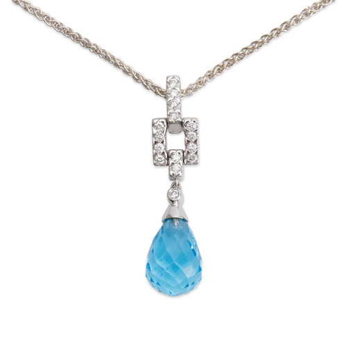 18k White Gold Blue Topaz &amp; Diamond Pendant Necklace
