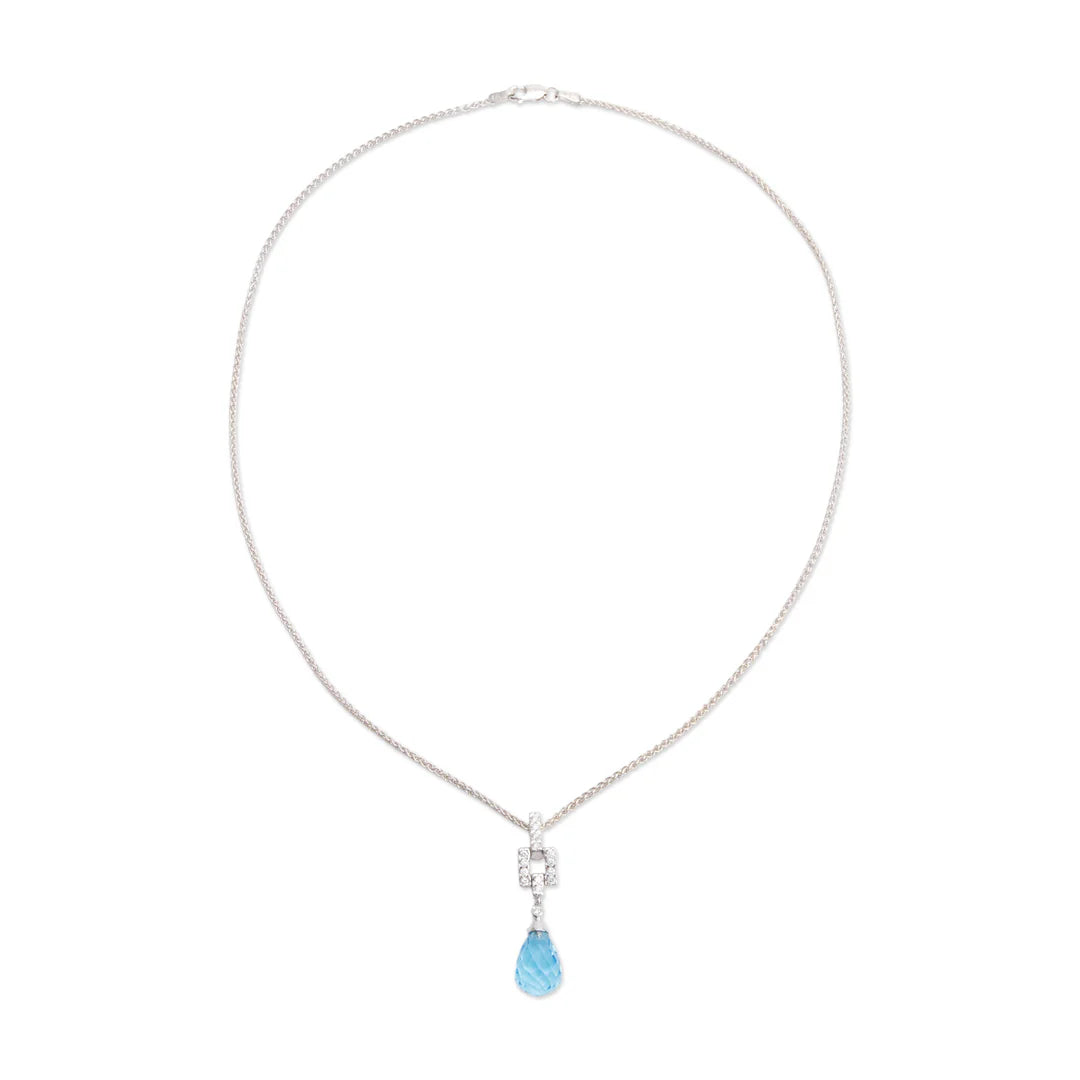 18k White Gold Blue Topaz &amp; Diamond Pendant Necklace