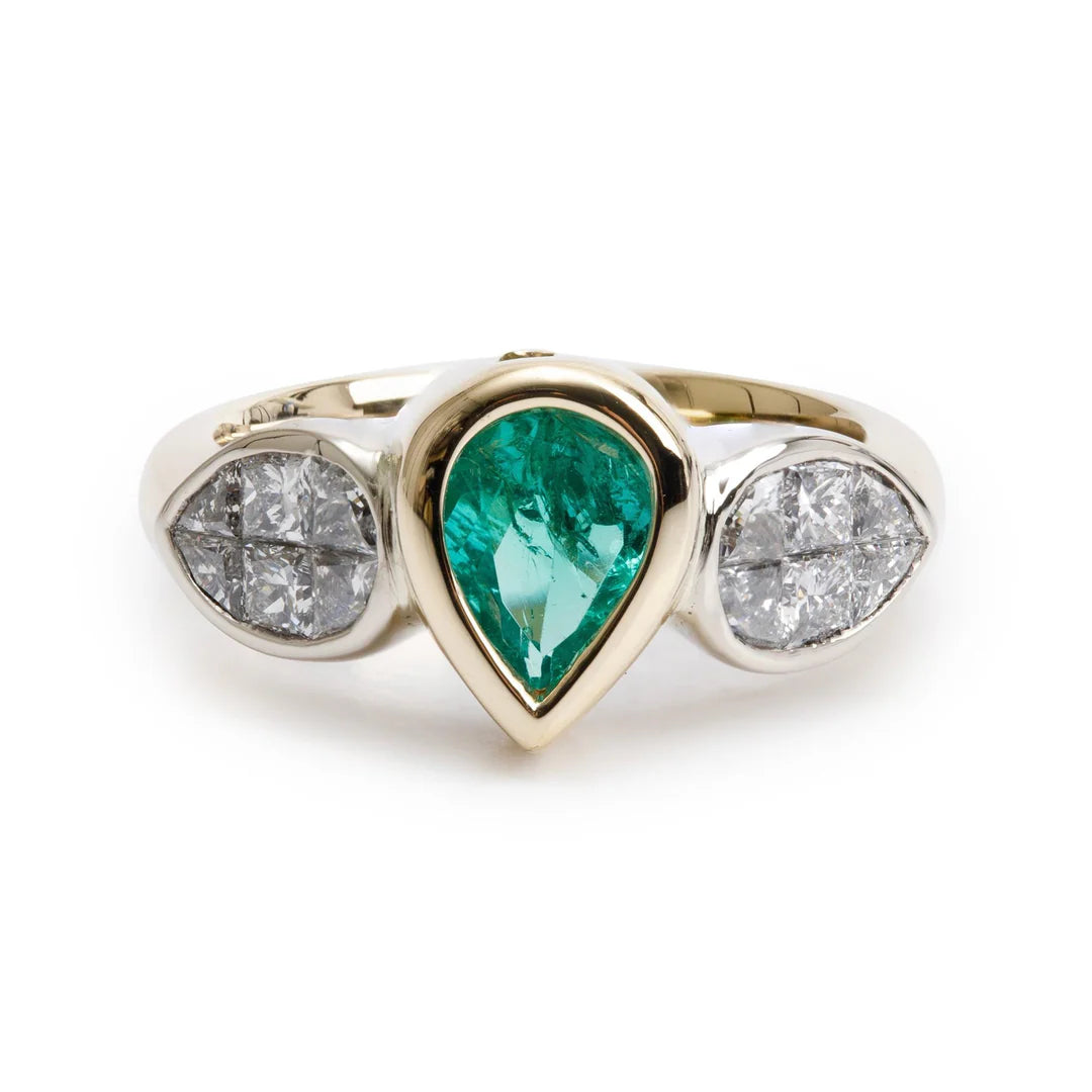 18k Yellow Gold Emerald &amp; Diamond Cocktail Ring, Size 6
