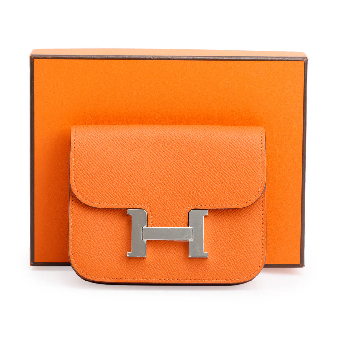 2022 Orange Veau Epsom Constance Slim Compact Wallet w/ Box &amp; Insert