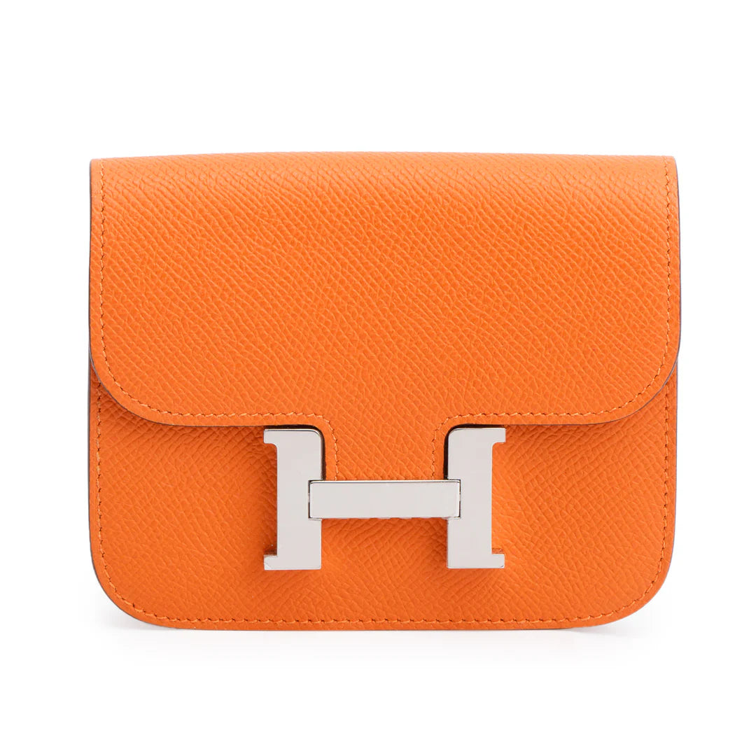 2022 Orange Veau Epsom Constance Slim Compact Wallet w/ Box &amp; Insert