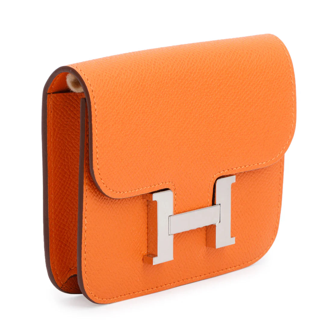 2022 Orange Veau Epsom Constance Slim Compact Wallet w/ Box &amp; Insert