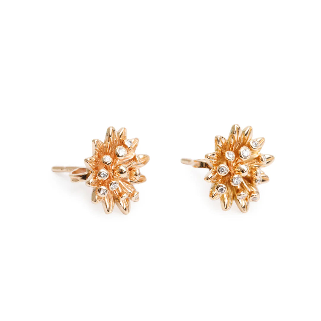 18k Rose Gold Diamond Flower Stud Earrings w/ Box