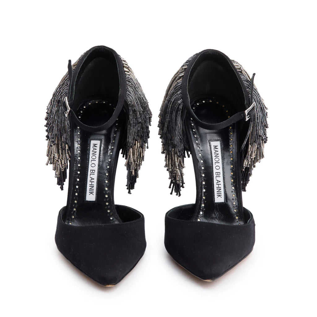 Black Satin Fringe Francamaria Pumps, Size 37 Coeur Cult Core