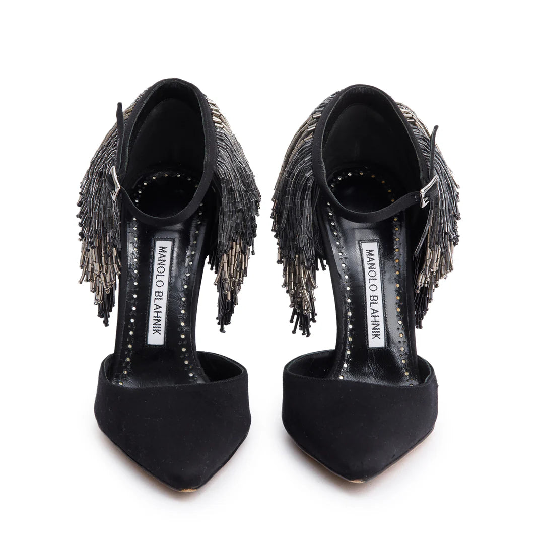 Black Satin Fringe Francamaria Pumps, Size 37 Coeur Cult Core