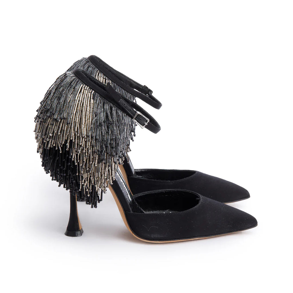 Black Satin Fringe Francamaria Pumps, Size 37 Coeur Cult Core