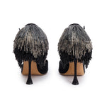 Black Satin Fringe Francamaria Pumps, Size 37 Coeur Cult Core