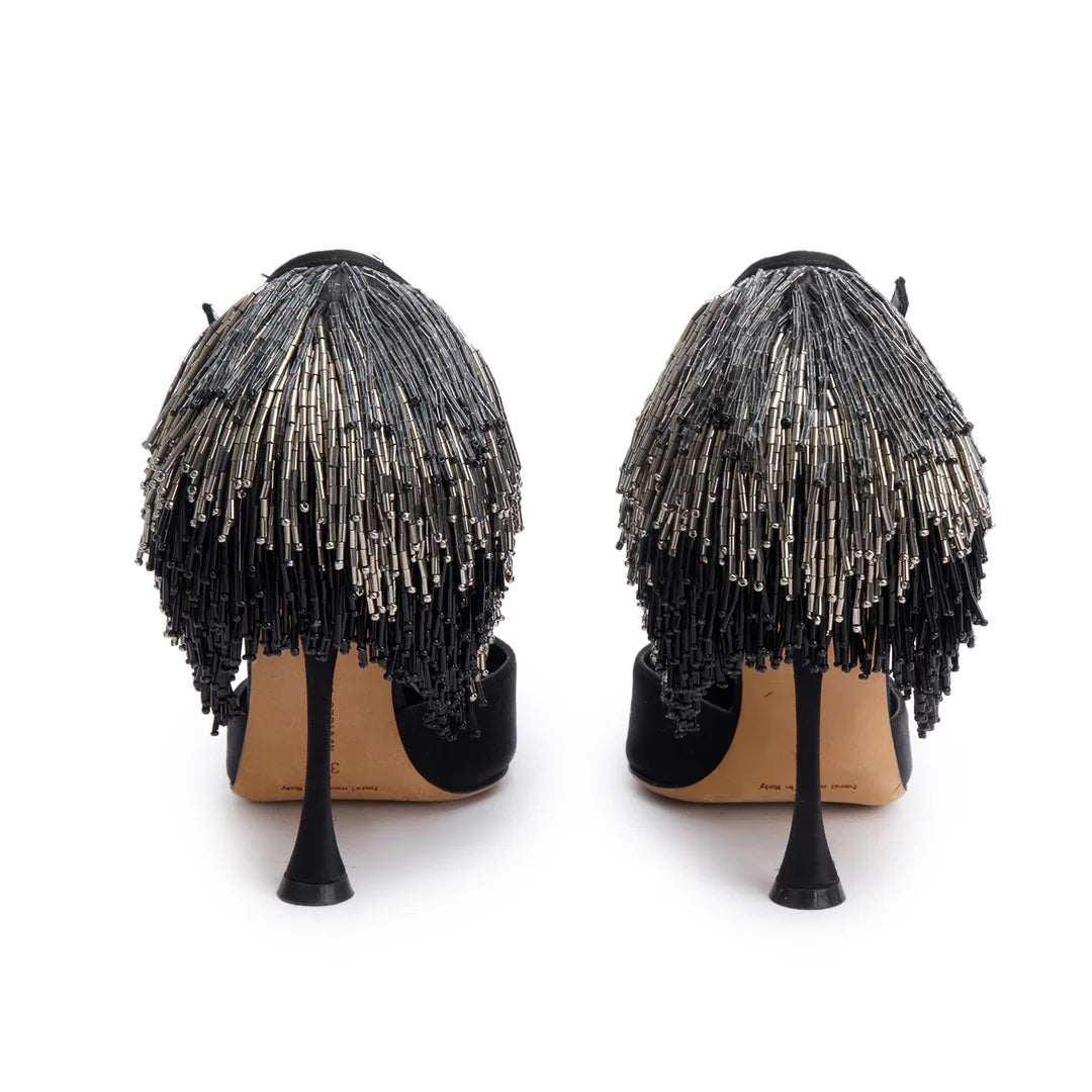Black Satin Fringe Francamaria Pumps, Size 37 Coeur Cult Core