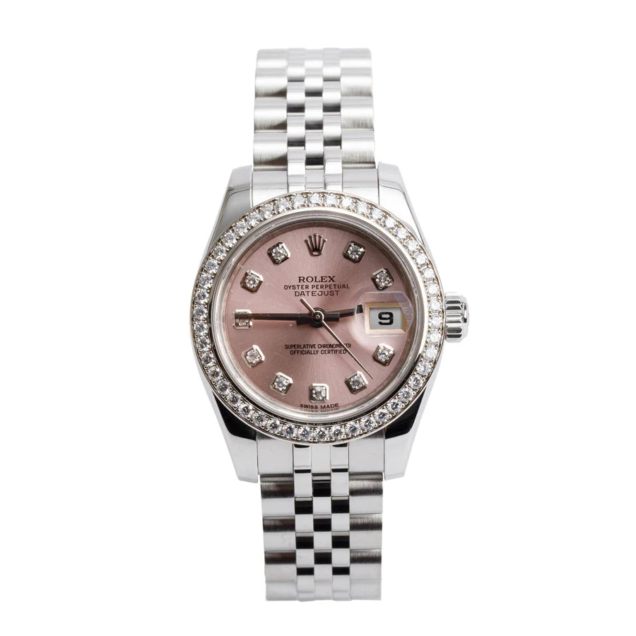 Stainless Steel Diamond Bezel Pink Diamond Dial 26 MM Datejust Watch 179384 w/ Box &amp; Papers