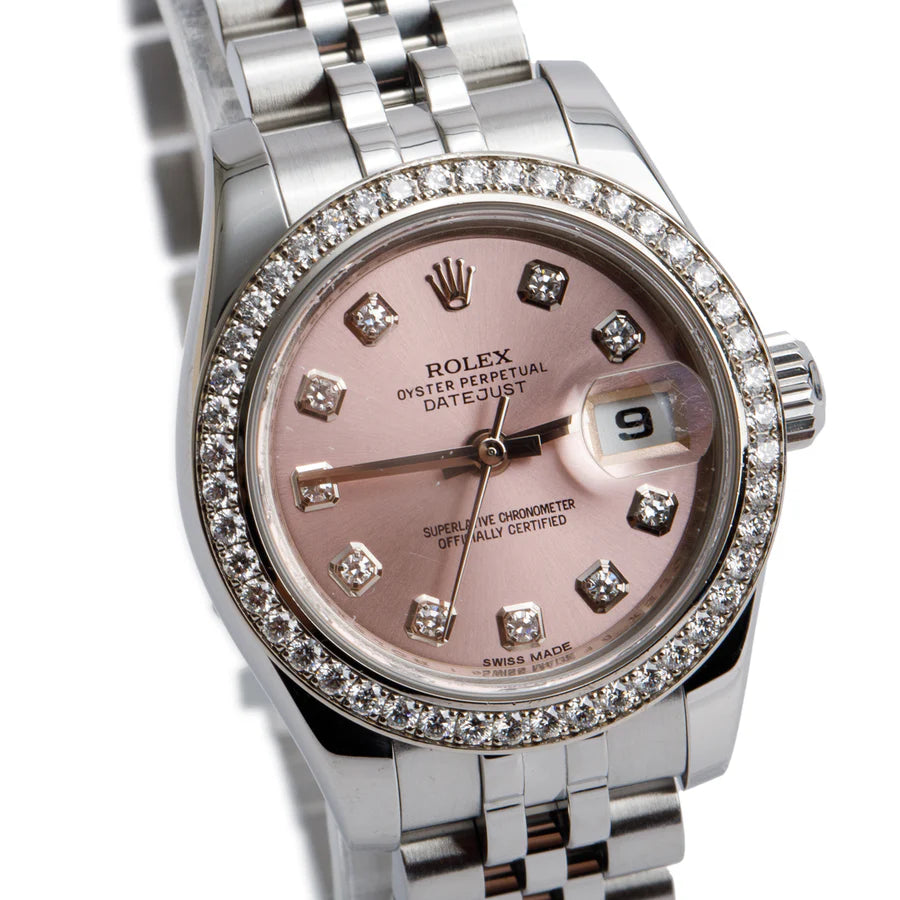 Stainless Steel Diamond Bezel Pink Diamond Dial 26 MM Datejust Watch 179384 w/ Box &amp; Papers
