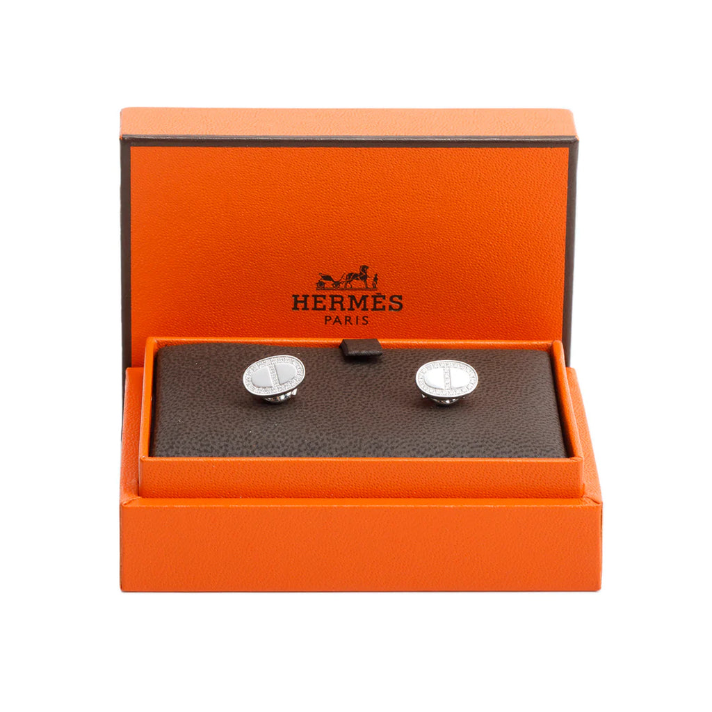 18k White Gold Diamond Chaine D'Ancre Contour Stud Earrings w/ Box