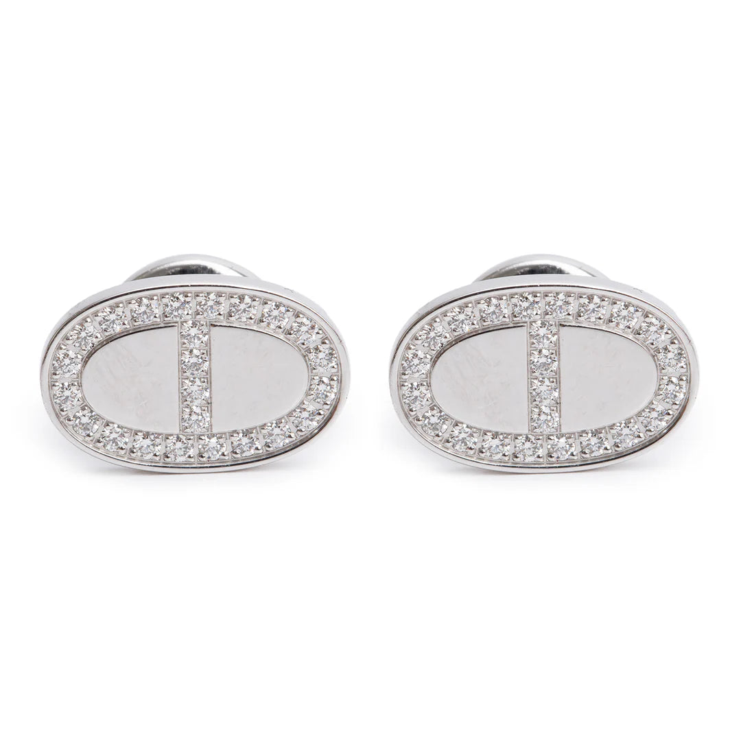 18k White Gold Diamond Chaine D'Ancre Contour Stud Earrings w/ Box