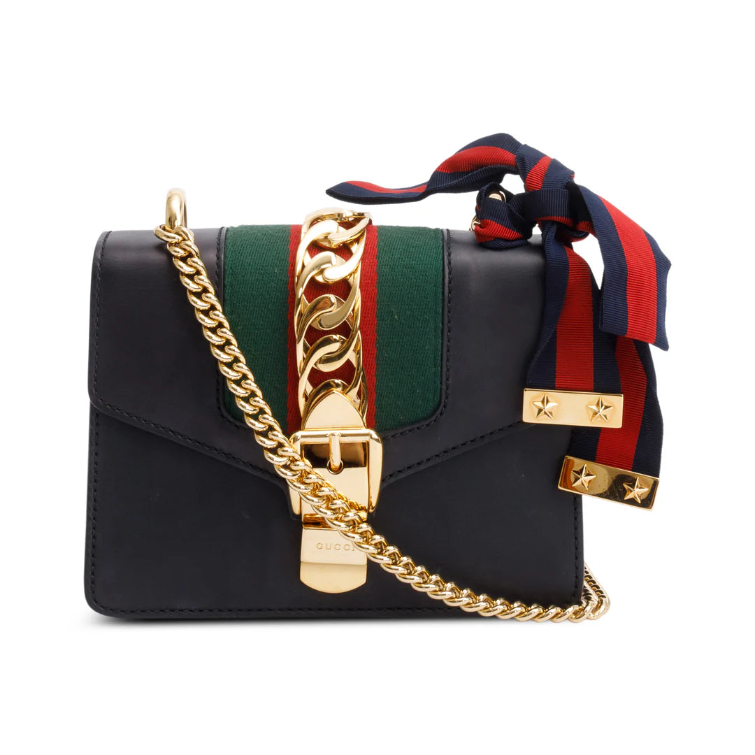 Black Calfskin Leather Web Mini Sylvie Chain Shoulder Bag Coeur Cult Core