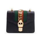 Black Calfskin Leather Web Mini Sylvie Chain Shoulder Bag Coeur Cult Core