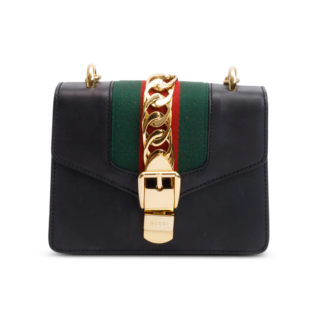 Black Calfskin Leather Web Mini Sylvie Chain Shoulder Bag Coeur Cult Core