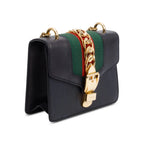 Black Calfskin Leather Web Mini Sylvie Chain Shoulder Bag Coeur Cult Core