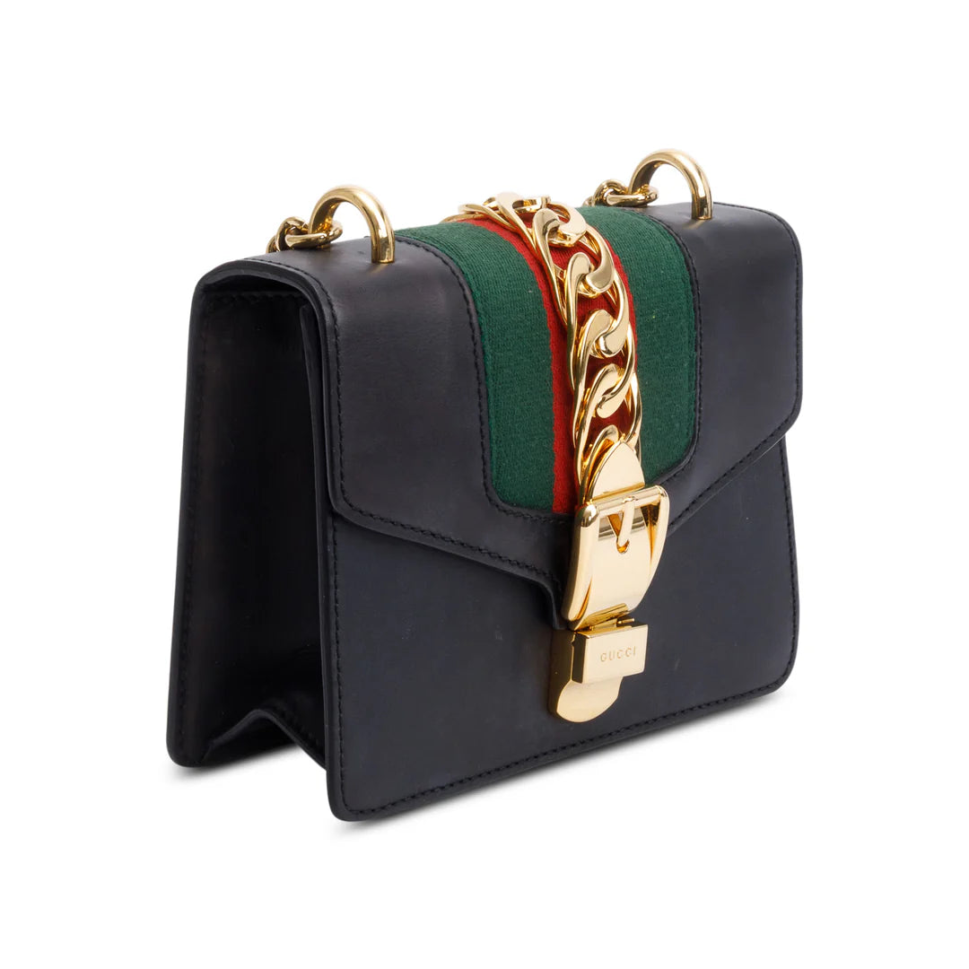 Black Calfskin Leather Web Mini Sylvie Chain Shoulder Bag Coeur Cult Core