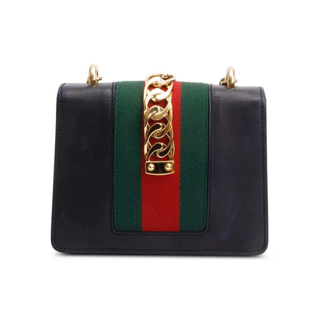 Black Calfskin Leather Web Mini Sylvie Chain Shoulder Bag Coeur Cult Core