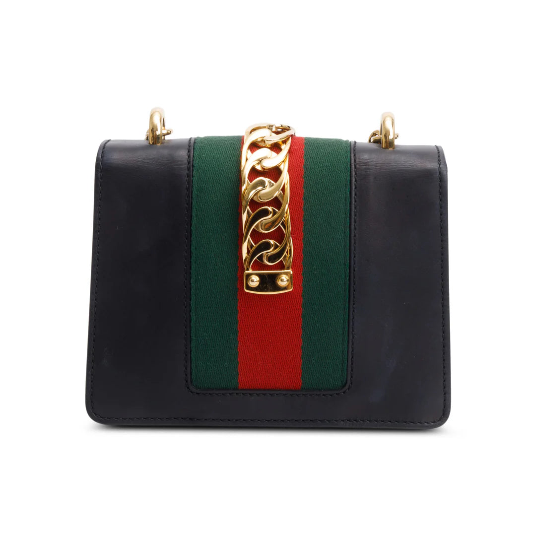 Black Calfskin Leather Web Mini Sylvie Chain Shoulder Bag Coeur Cult Core
