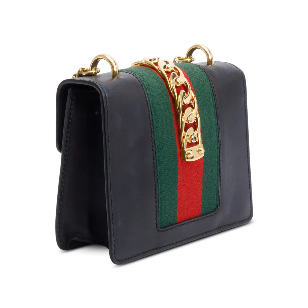 Black Calfskin Leather Web Mini Sylvie Chain Shoulder Bag Coeur Cult Core