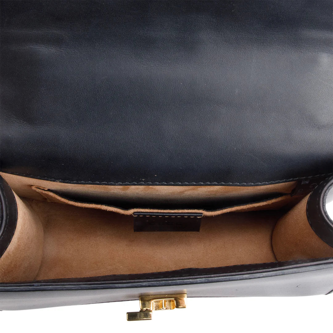 Black Calfskin Leather Web Mini Sylvie Chain Shoulder Bag Coeur Cult Core