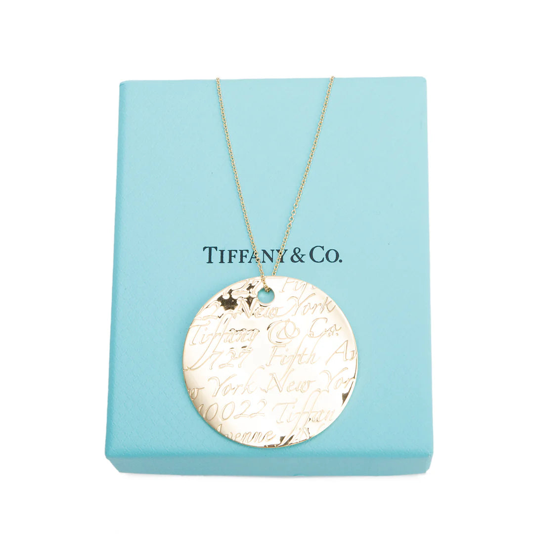 18k Yellow Gold Large Notes Round Pendant Necklace w/ Box