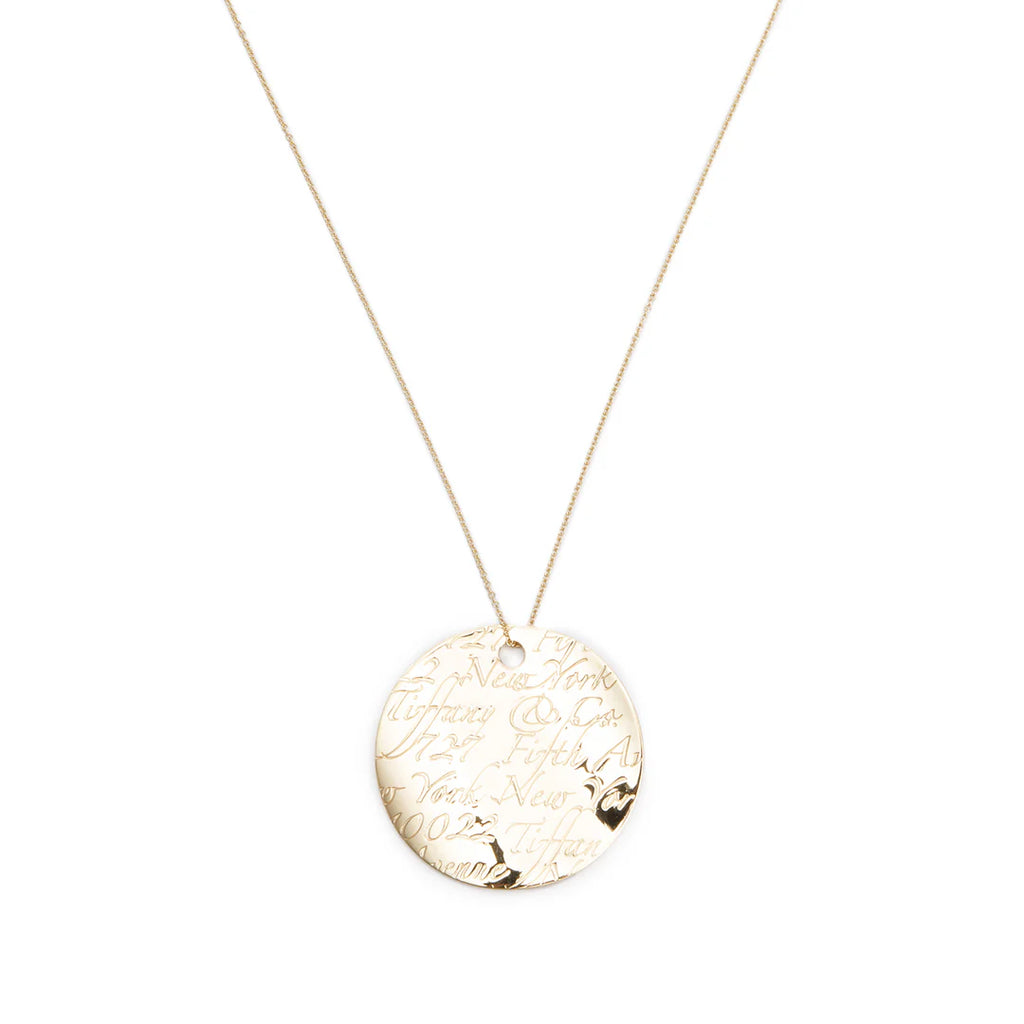 18k Yellow Gold Large Notes Round Pendant Necklace w/ Box
