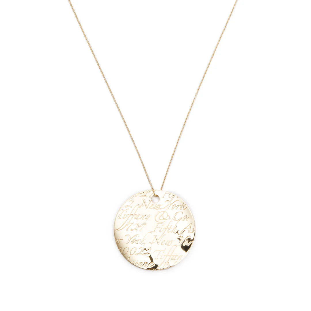 18k Yellow Gold Large Notes Round Pendant Necklace w/ Box