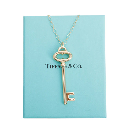 18k Yellow Gold Vintage Oval Key Pendant Necklace w/ Box