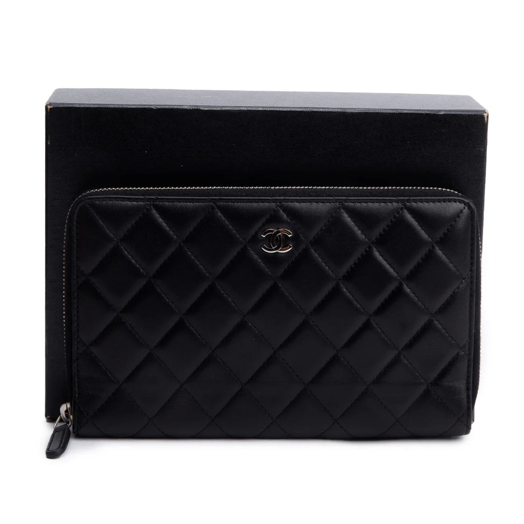 Black Lambskin Leather Large Zip Around Organizer Wallet w/ Box &amp; Authenticity Card