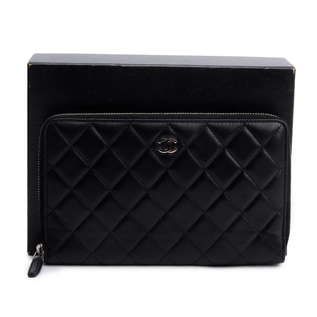 Black Lambskin Leather Large Zip Around Organizer Wallet w/ Box &amp; Authenticity Card