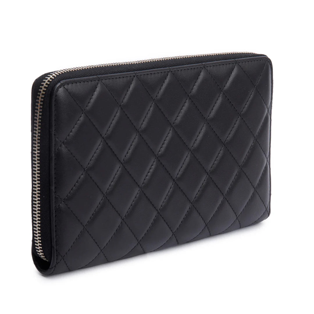Black Lambskin Leather Large Zip Around Organizer Wallet w/ Box &amp; Authenticity Card