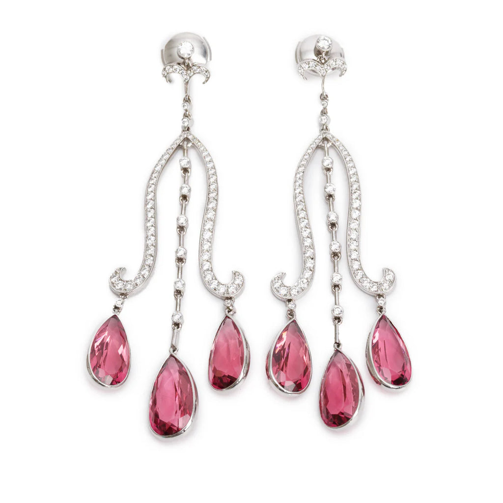 Platinum Pink Tourmaline &amp; Diamond Drop Earrings w/ Box Coeur Cult Core