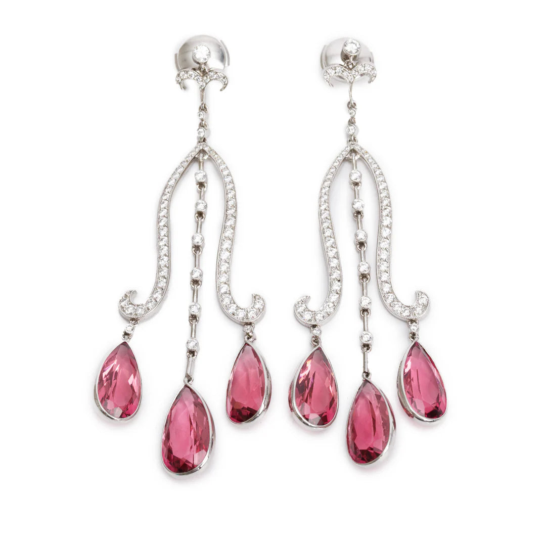 Platinum Pink Tourmaline &amp; Diamond Drop Earrings w/ Box Coeur Cult Core