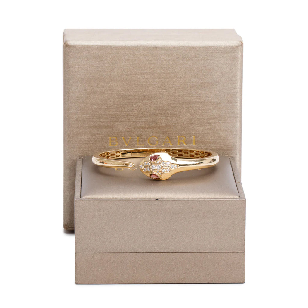 BVLGARI 18k Yellow Gold Diamond &amp; Rubellite Serpenti Seduttori Bracelet, Size S w/ Box Coeur Cult Core