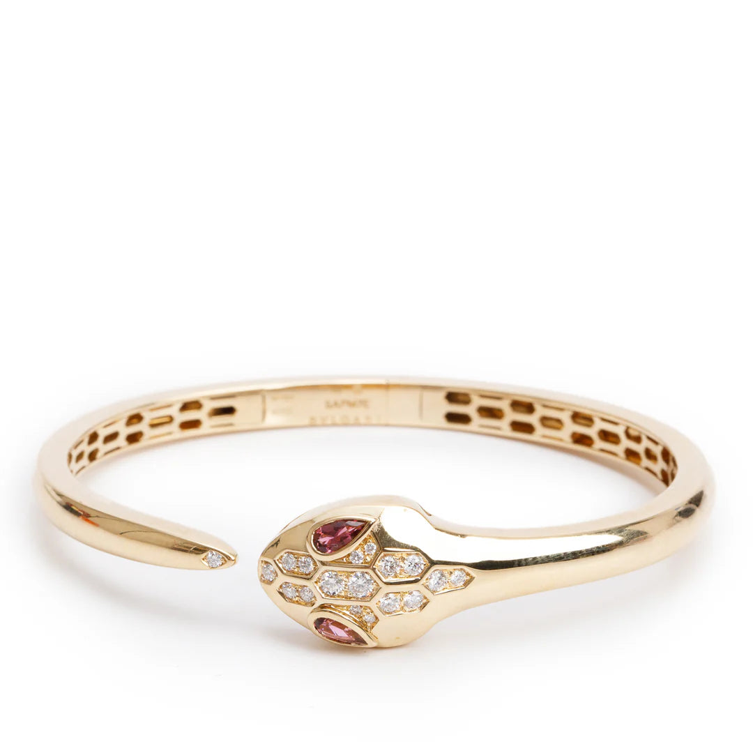BVLGARI 18k Yellow Gold Diamond &amp; Rubellite Serpenti Seduttori Bracelet, Size S w/ Box Coeur Cult Core