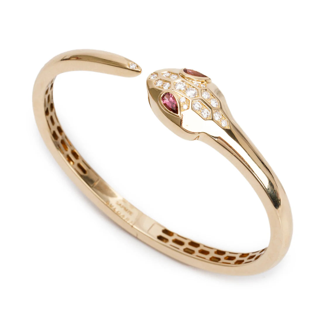 BVLGARI 18k Yellow Gold Diamond &amp; Rubellite Serpenti Seduttori Bracelet, Size S w/ Box Coeur Cult Core