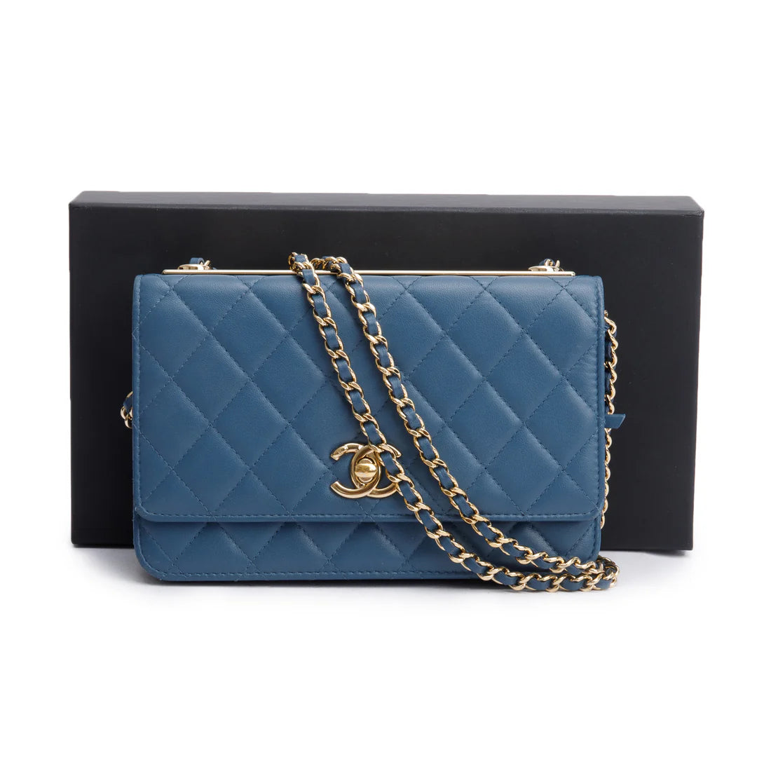 Blue Lambskin Leather Trendy CC Wallet on Chain w/ Box