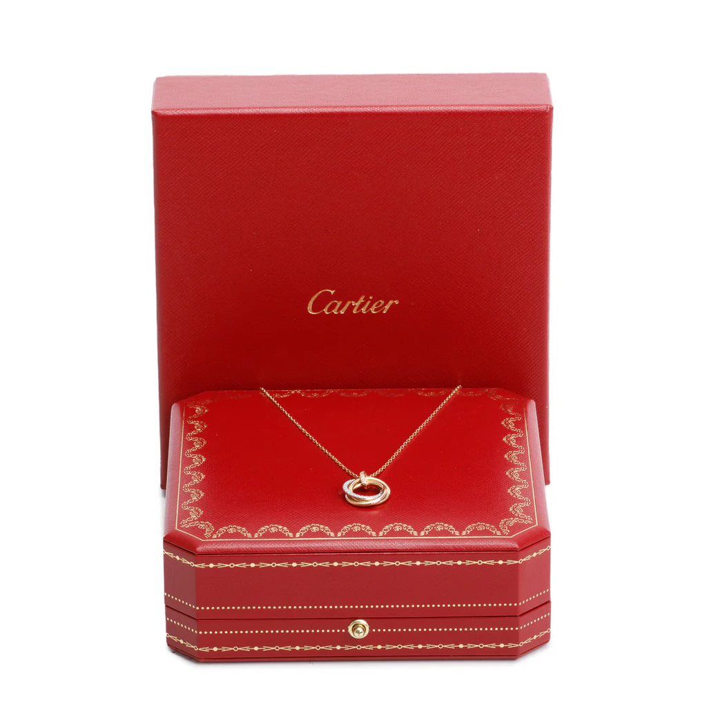 18k Yellow, White &amp; Rose Gold Half Paved Diamond Trinity Pendant Necklace, Small Model w/ Box