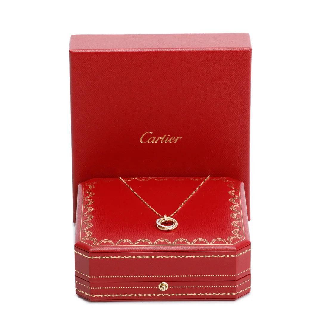 18k Yellow, White &amp; Rose Gold Half Paved Diamond Trinity Pendant Necklace, Small Model w/ Box